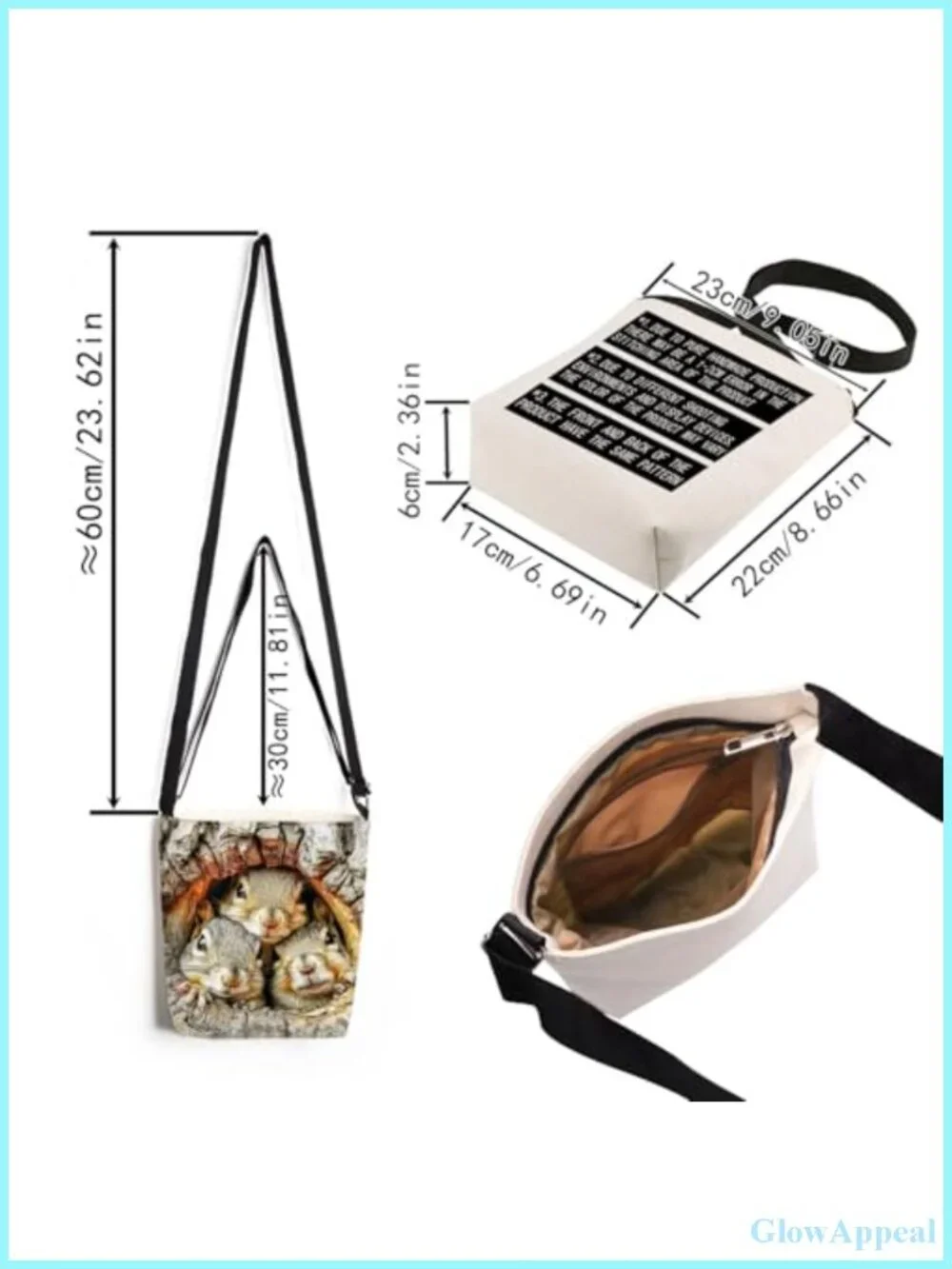 Polyester Messenger Crossbody Bag Squirrel Print Adjustable Strap